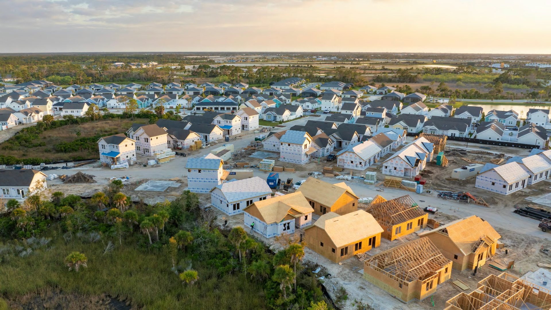 A row of new construction houses in development.